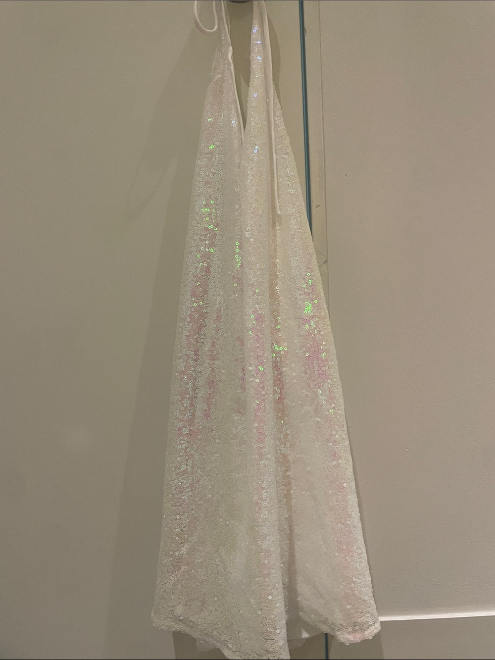 Lucy in the Sky Iridescent Sequin Flare Dress in White Mini Dress White & Pink